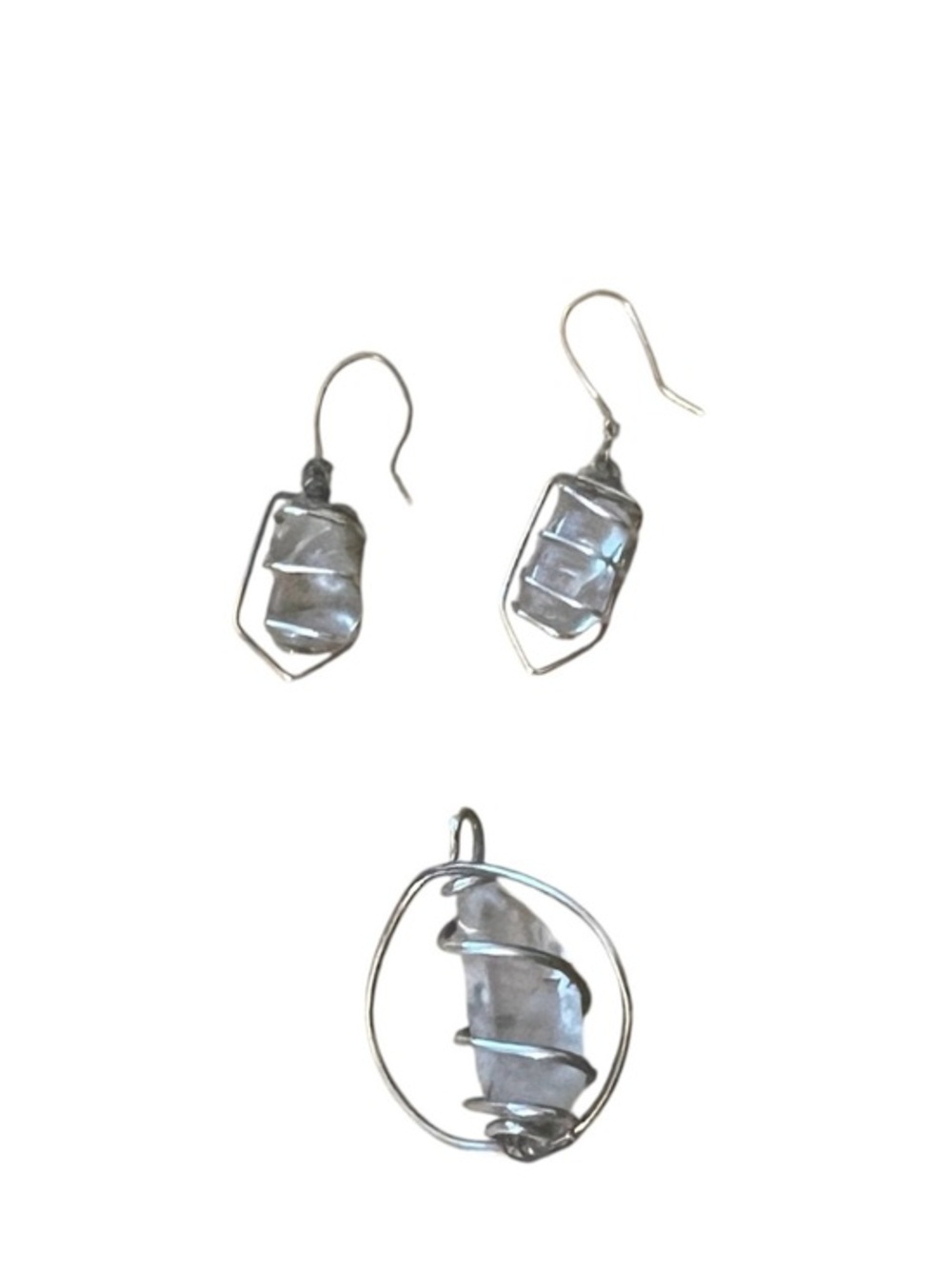925 Sterling Silver Wire-Wrapped Clear Quartz Crystal Pendant and Earring Set